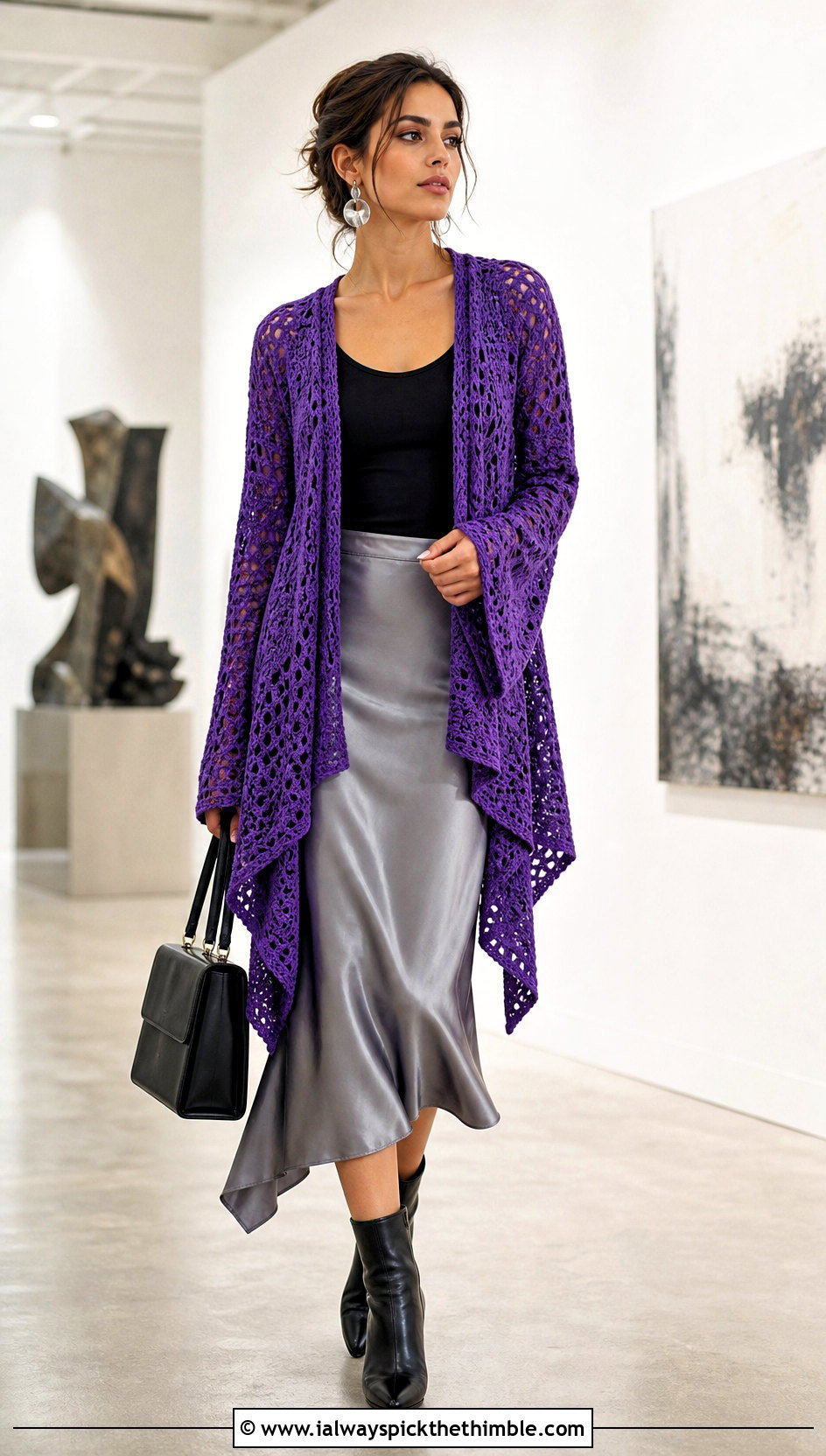 Asymmetric Hem Crochet Drape Cardigan With Satin Midi Skirt - 15 Crochet Drape Cardigan outfit ideas