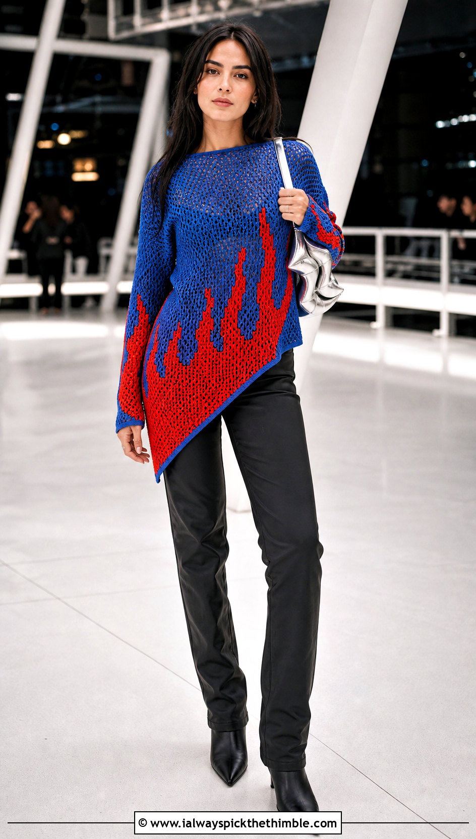 Asymmetric Hem Crochet Fire Sweater With Coated Jeans - 20 Crochet Fire Sweater outfit ideas