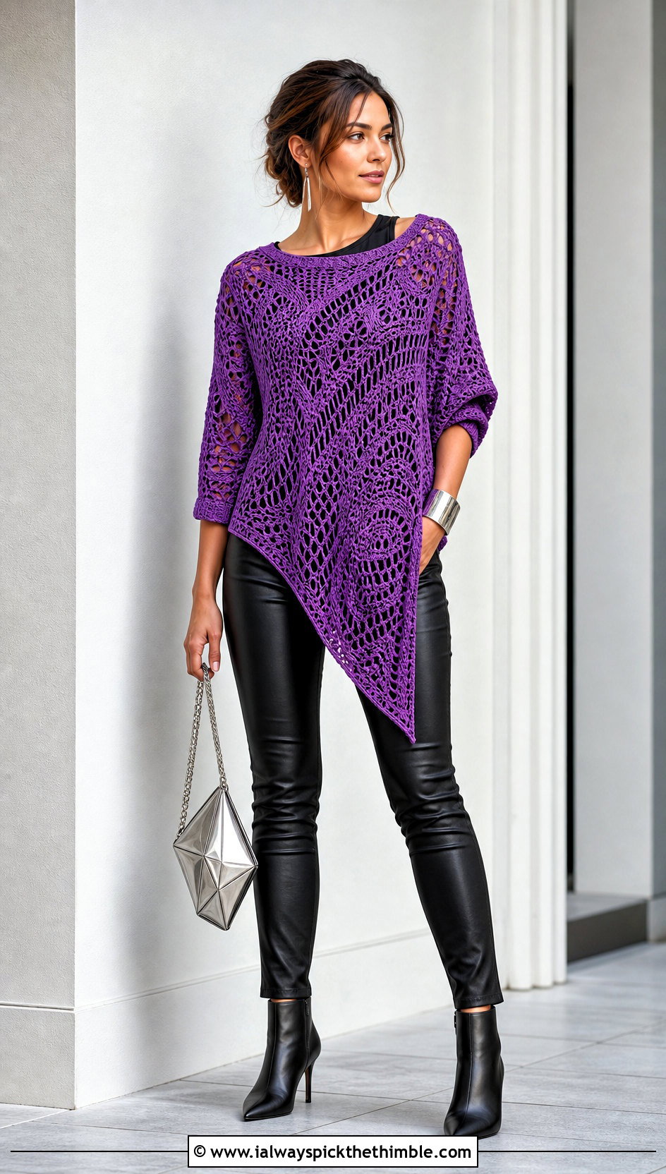 Asymmetric Hem Crochet Jumper With Coated Pants - 25 crochet jumper outfit ideas