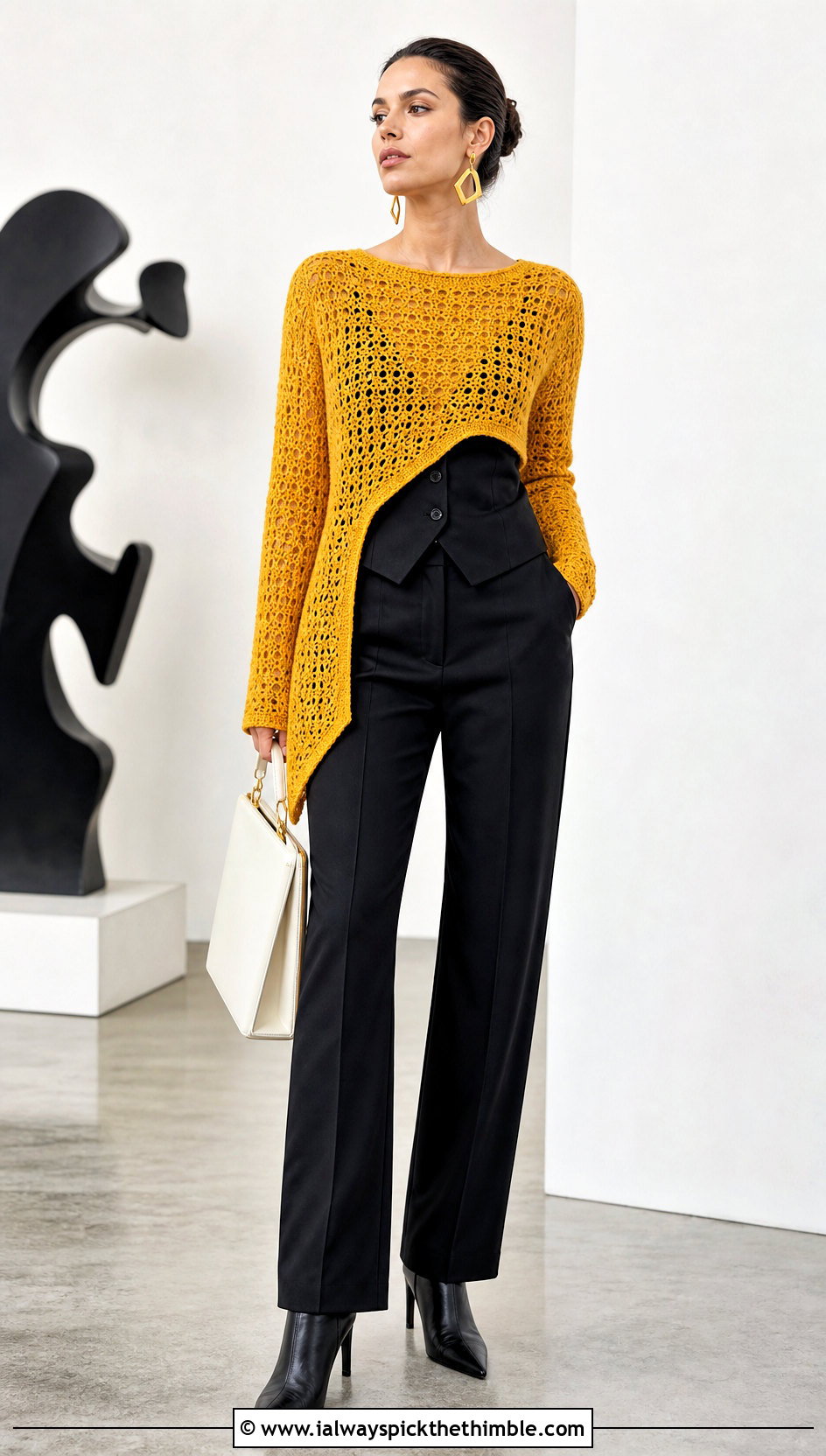 Asymmetric Hem Crochet Lightweight Sweater With Tailored Vest and Pants - 20 Crochet Lightweight Sweater outfit ideas