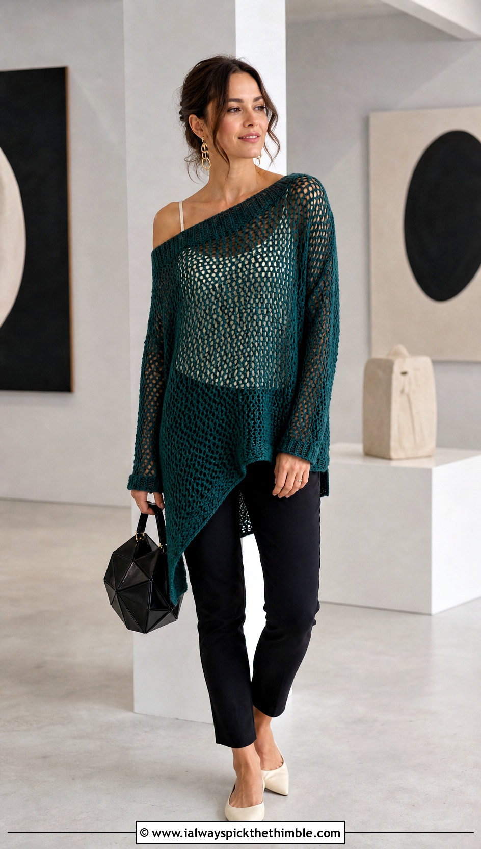 Asymmetric Hem Crochet Mesh Sweater With Slim Pants - 25 oversized crochet mesh sweater outfit ideas