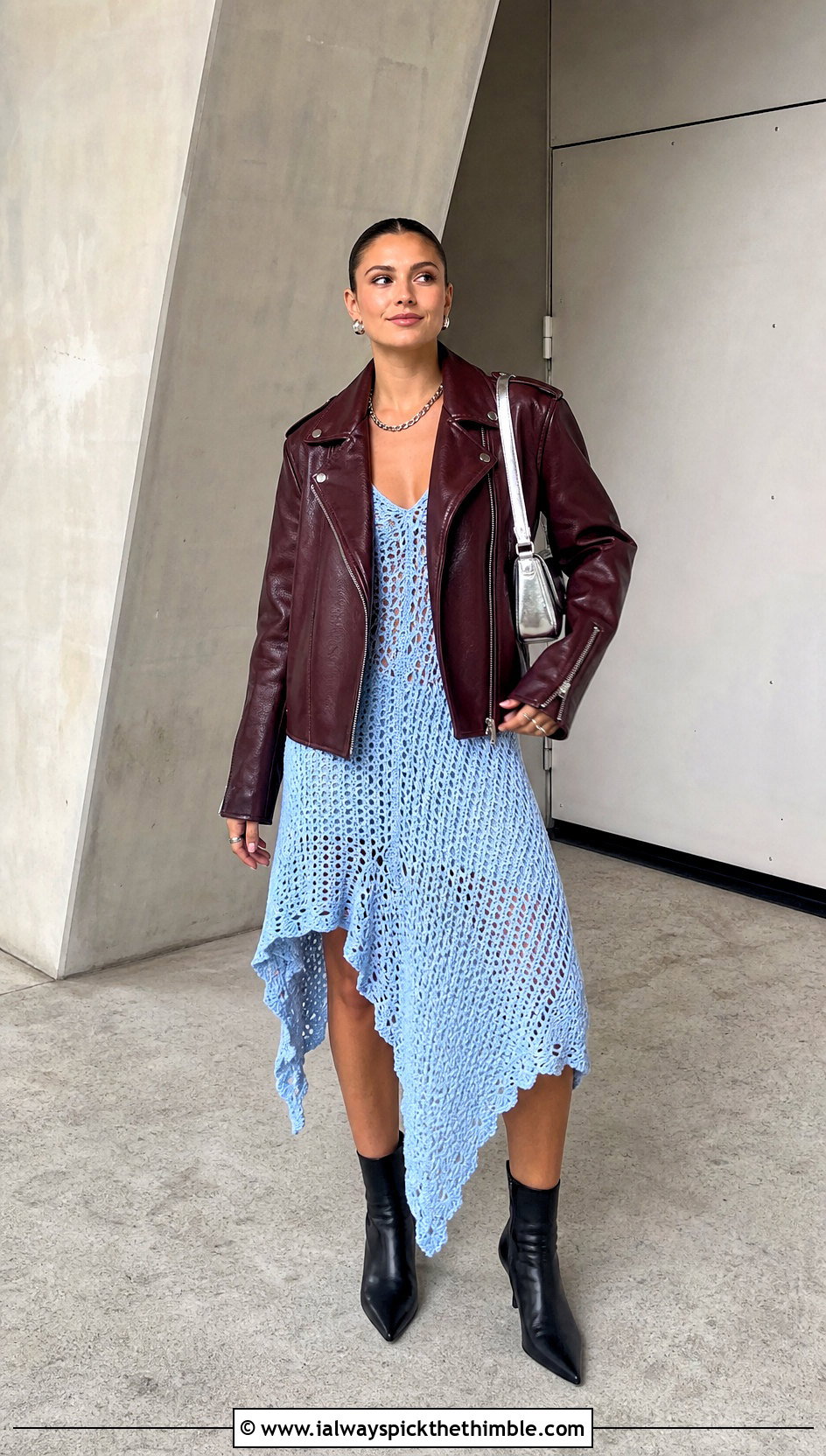 Asymmetric Hem Crochet Sundress With Moto Jacket - 25 crochet sundress outfit ideas