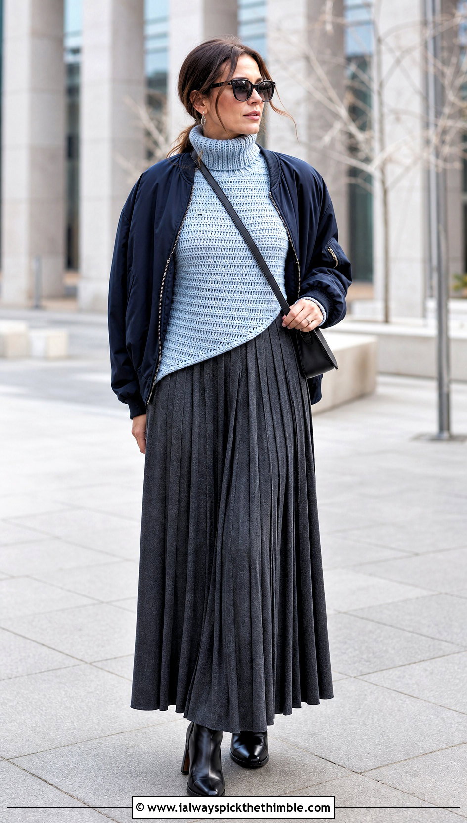 Asymmetric Hem Crochet Turtleneck Top With Pleated Maxi Skirt - 20 crochet turtleneck top outfit ideas