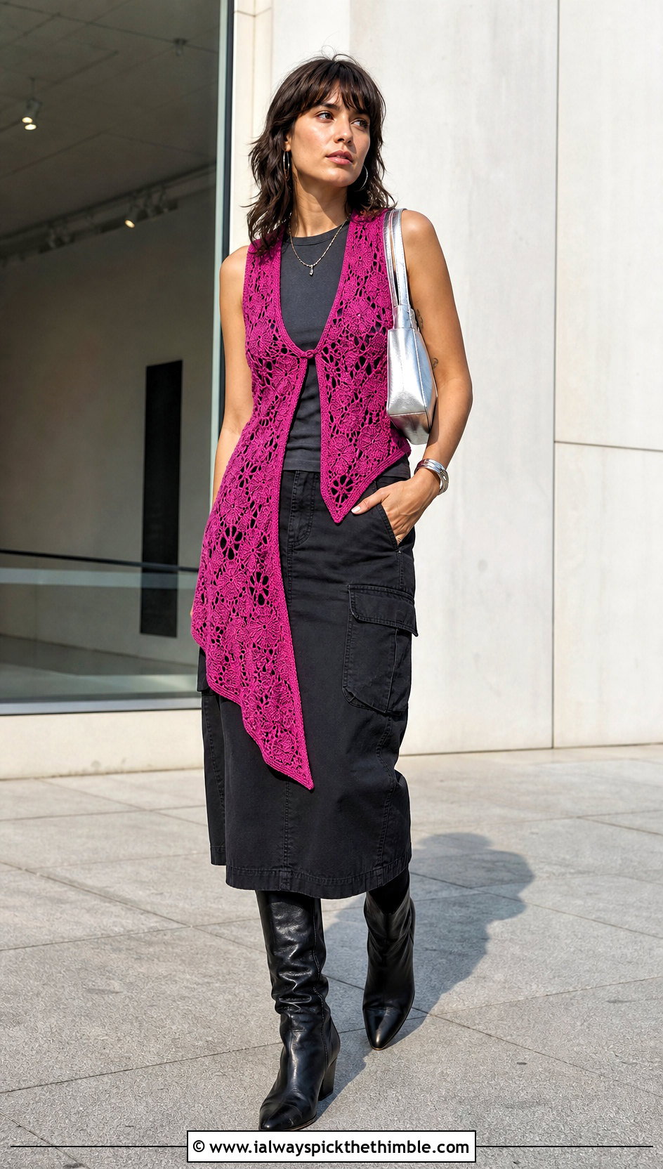 Asymmetric Hem Crochet Vest With Cargo Midi Skirt - 25 crochet vest woman outfit ideas