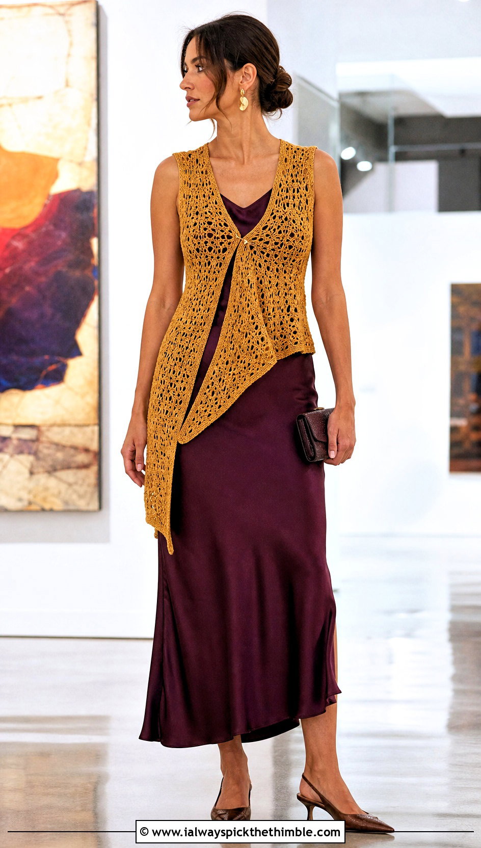 Asymmetric Hem Crochet Waistcoat With Slip Dress - 25 crochet waistcoat outfit ideas
