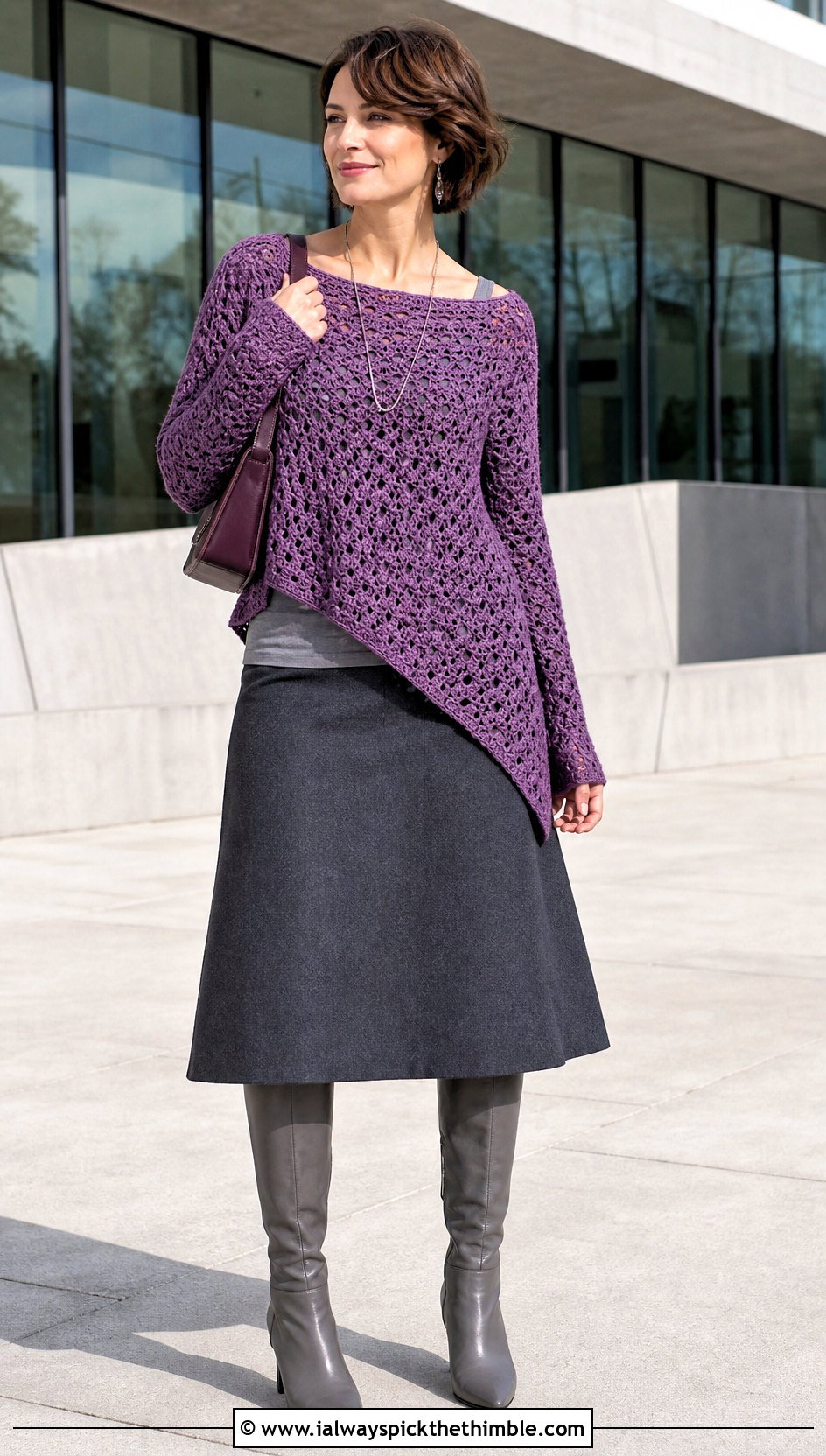Asymmetric Hem Double Crochet Sweater With Midi Skirt - 25 double crochet sweater outfit ideas