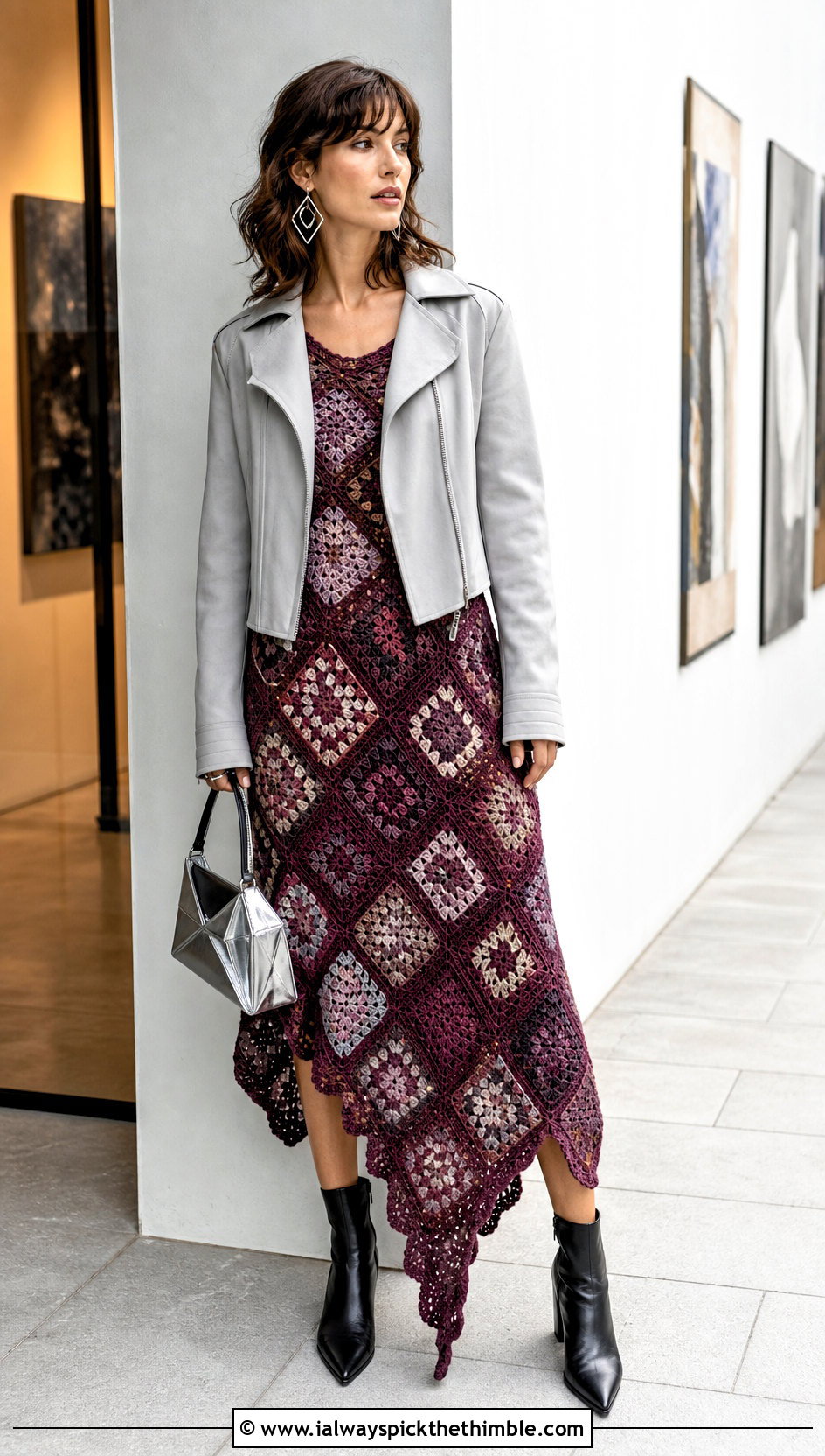Asymmetric Hem Granny Square Dress With Ankle Boots - 20 Granny Square Crochet Dress outfit ideas