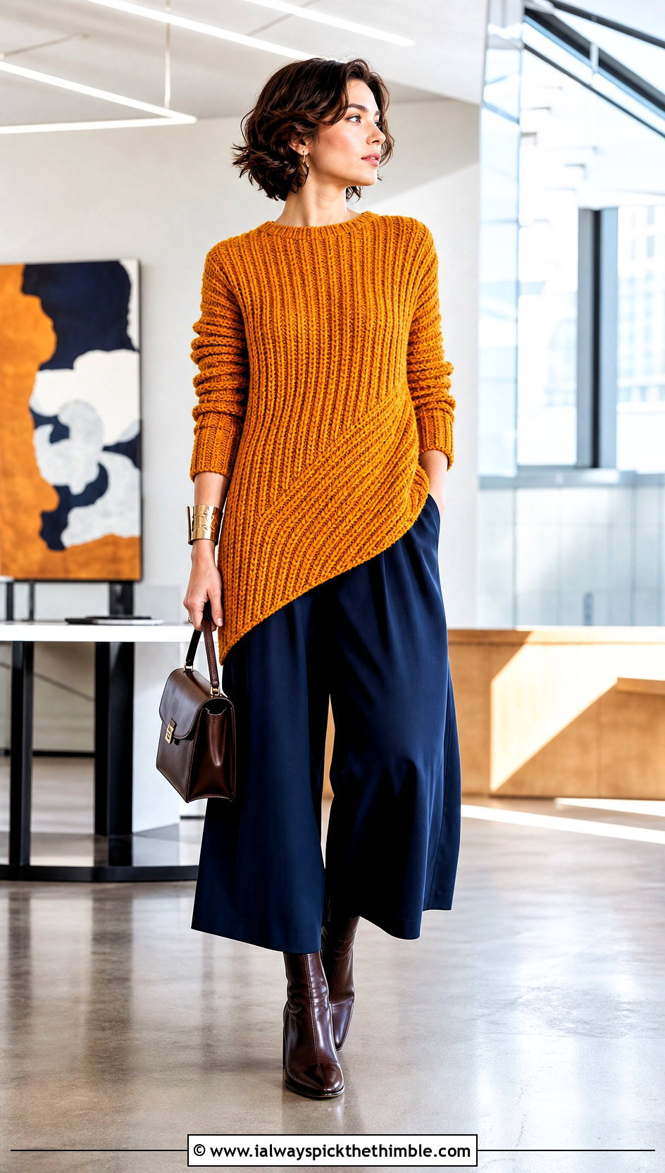 Asymmetric Hem Ribbed Crochet Sweater With Culottes - 20 Ribbed Crochet Sweater outfit ideas