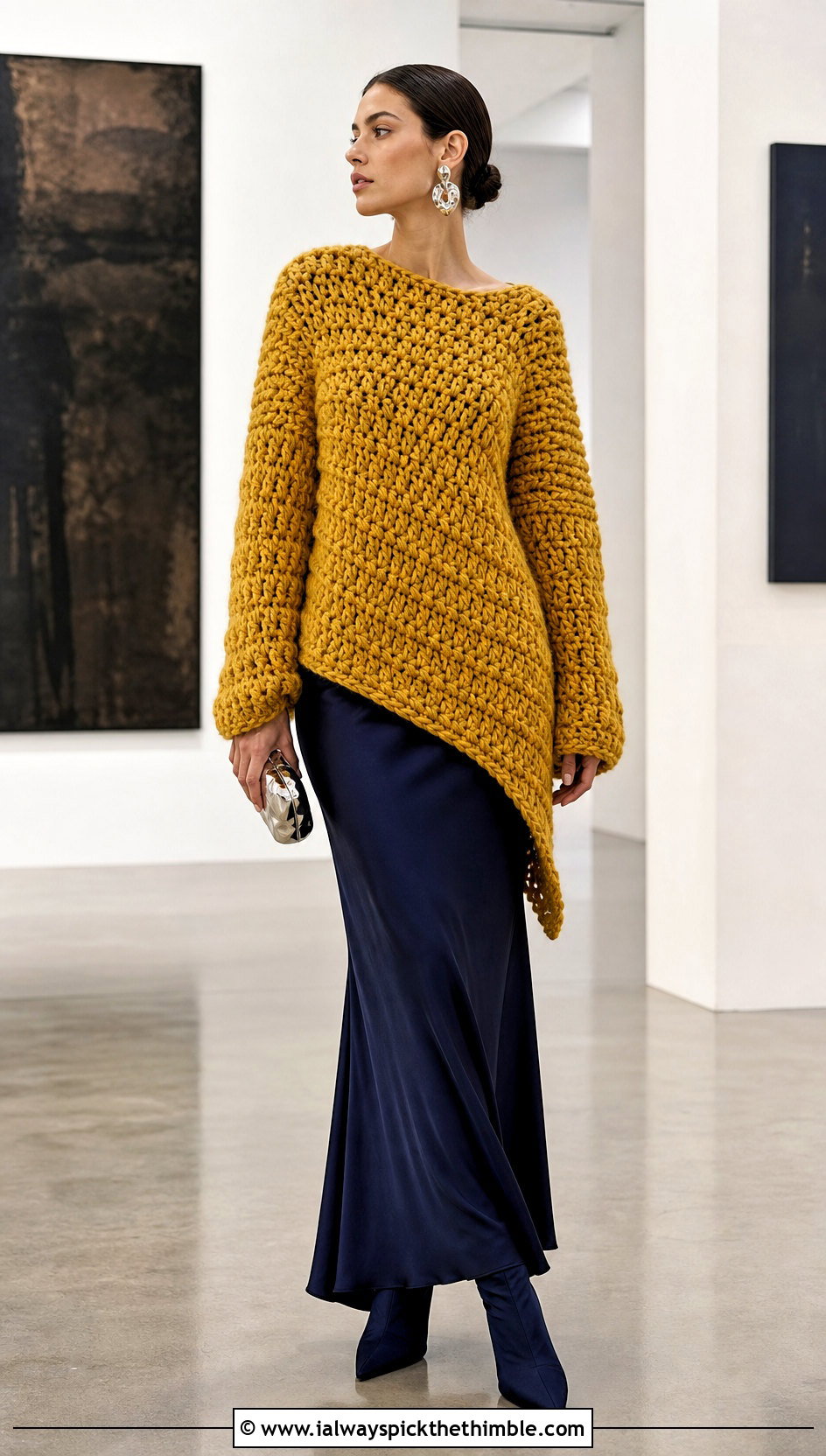 Asymmetric Hem Super Bulky Crochet Sweater With Bias Cut Maxi Skirt - 20 Super Bulky Crochet Sweater outfit ideas
