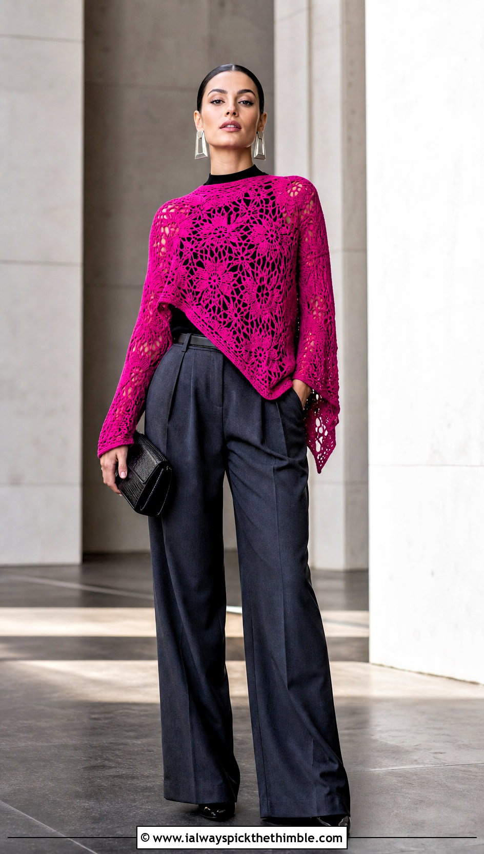 Asymmetric Lace Crochet Sweater With Wide Leg Trousers - 20 lace crochet sweater outfit ideas