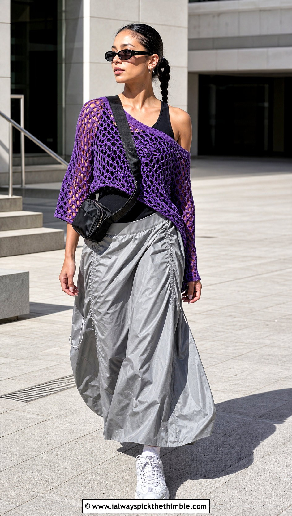 Asymmetric Mesh Off Shoulder Top With Parachute Skirt - 20 crochet mesh off shoulder top outfit ideas