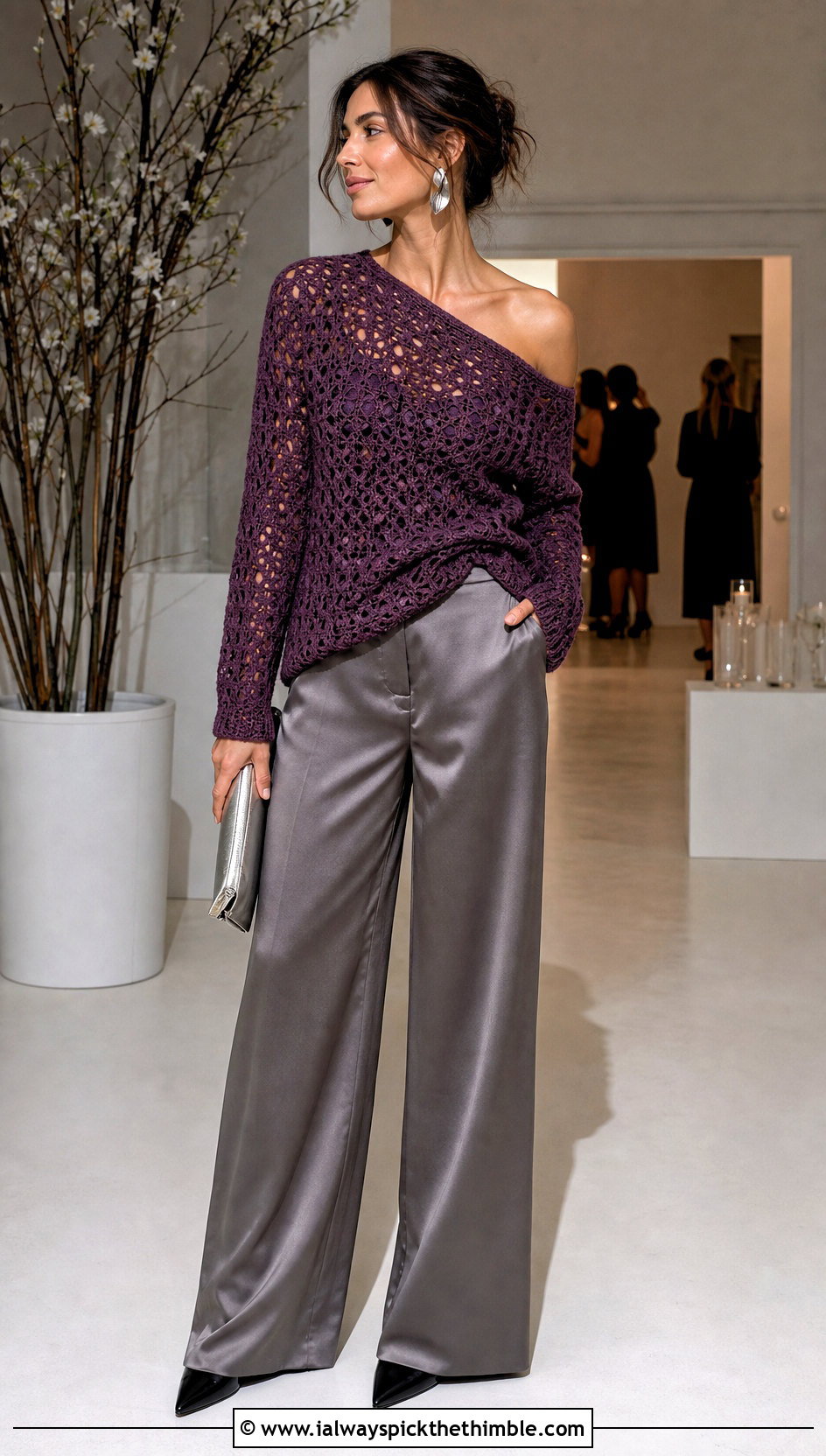 Asymmetric Off The Shoulder Crochet Sweater With Satin Trousers - 20 off the shoulder crochet sweater outfit ideas
