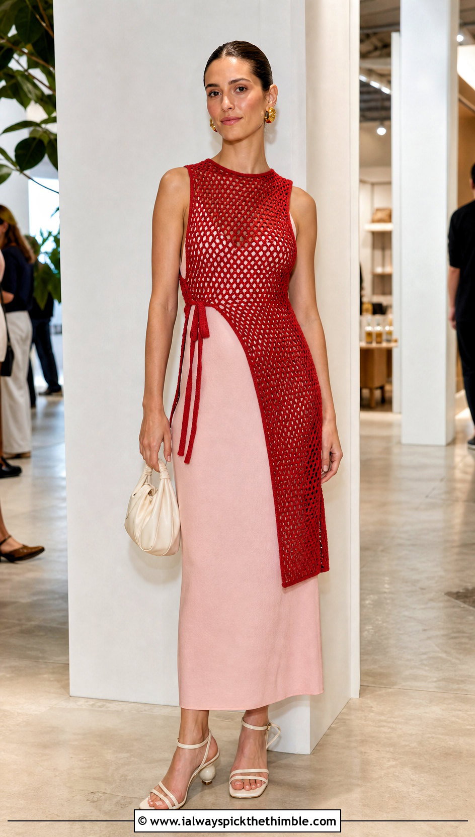 Asymmetric Side Tie Crochet Vest With Column Dress - 20 crochet vest tie sides outfit ideas
