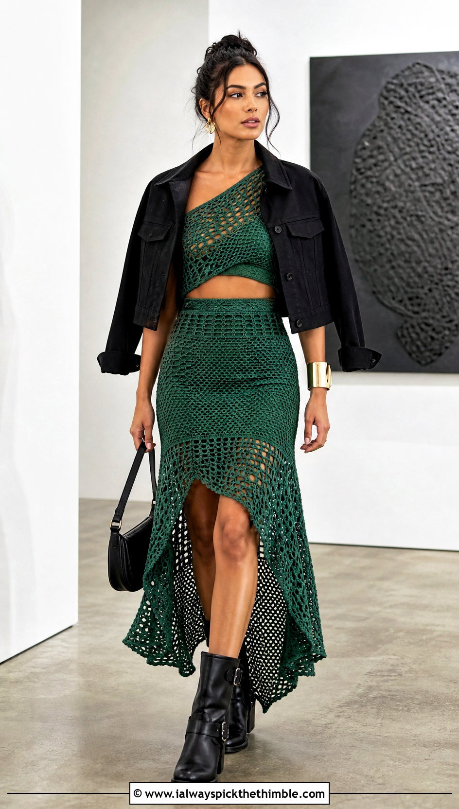 Asymmetric Top And High Low Crochet Skirt Set With Moto Boots - 20 two piece crochet skirt set outfit ideas