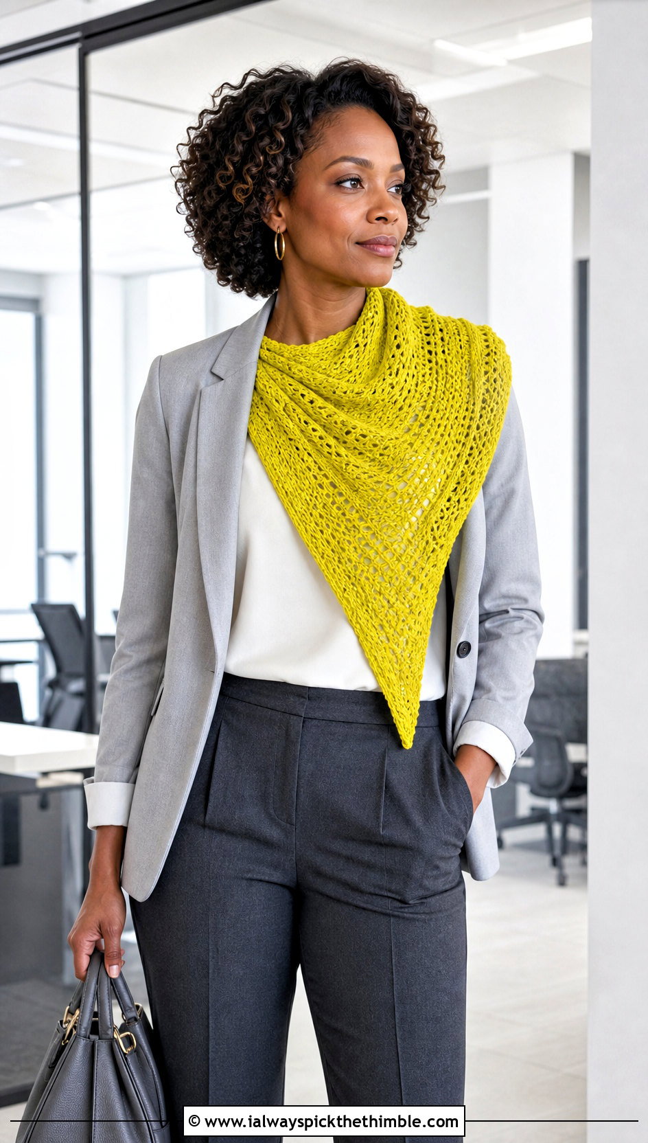 Asymmetrical 1 Skein Crochet Shawl With Blazer And Trousers - 15 Easy 1 Skein Crochet Shawl outfit ideas