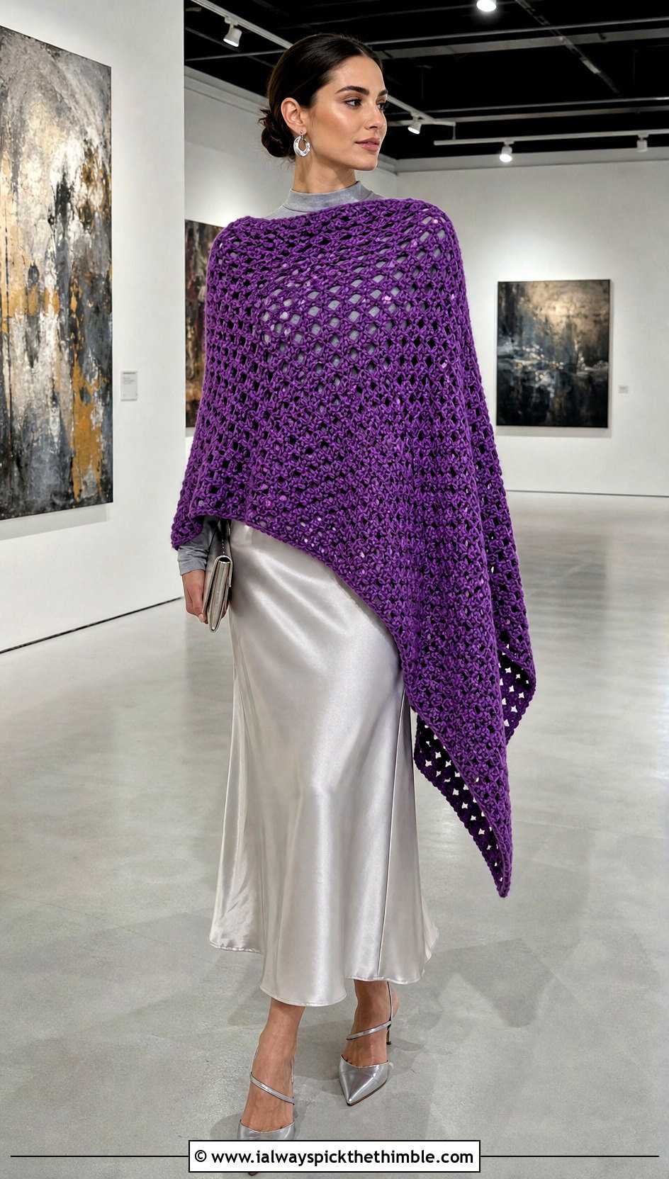 Asymmetrical Blanket Crochet Poncho With Satin Slip Skirt - 15 Blanket Crochet Poncho outfit ideas