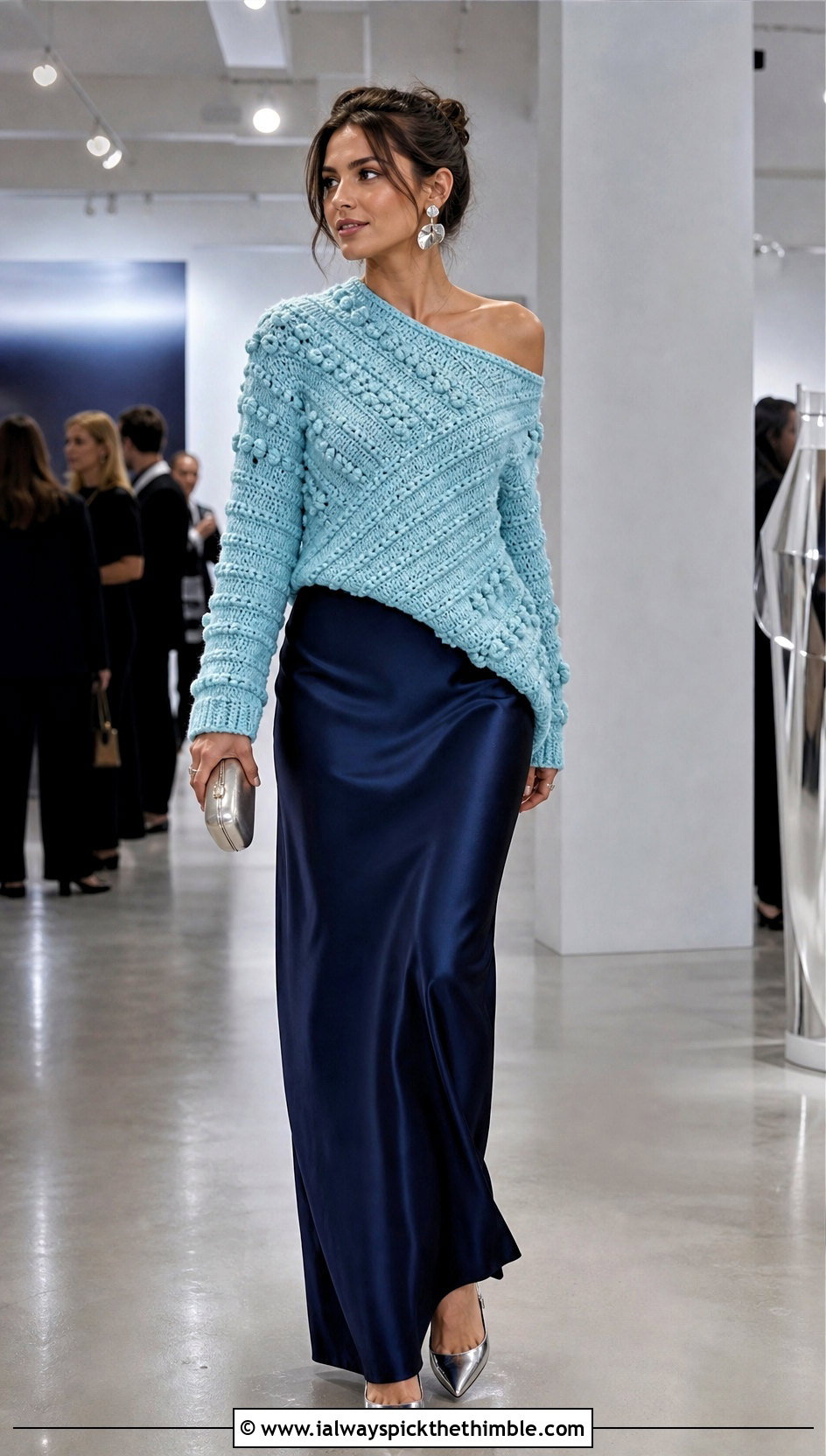 Asymmetrical Bobble Sweater With Satin Column Skirt - 20 crochet bobble sweater outfit ideas
