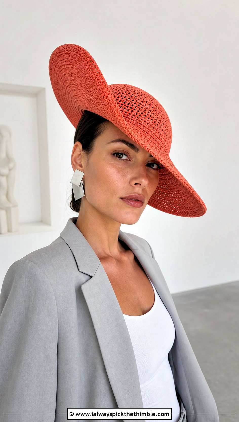 Asymmetrical Brim Crochet Hat With Pantsuit - 20 Easy Crochet Hats With Brim outfit ideas