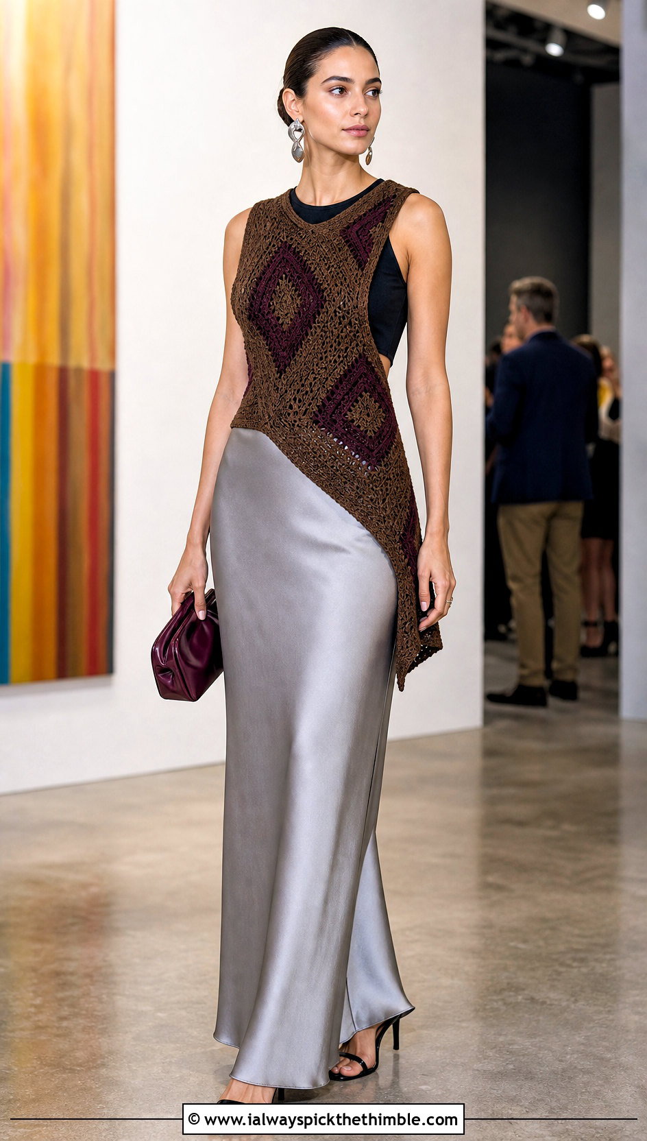 Asymmetrical Brown Crochet Vest With Bias Cut Maxi Skirt - 15 brown crochet vest outfit ideas