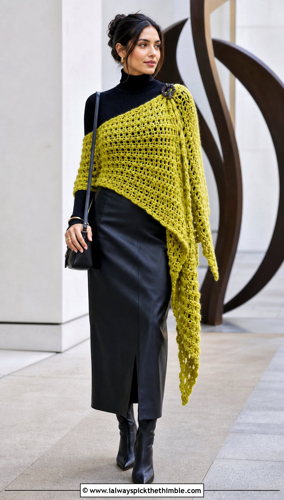 Asymmetrical Bulky Yarn Crochet Shawl With Leather Midi Skirt - 20 Bulky Yarn Crochet Shawl outfit ideas