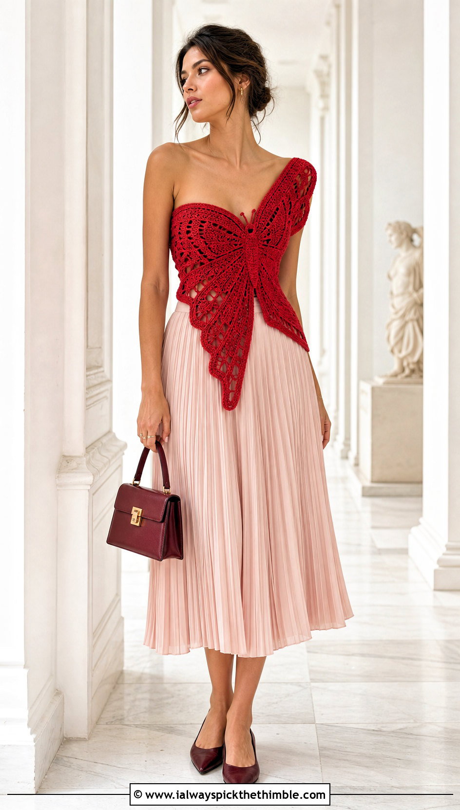 Asymmetrical Butterfly Crochet Top With Pleated Midi Skirt - 25 butterfly crochet top outfit ideas