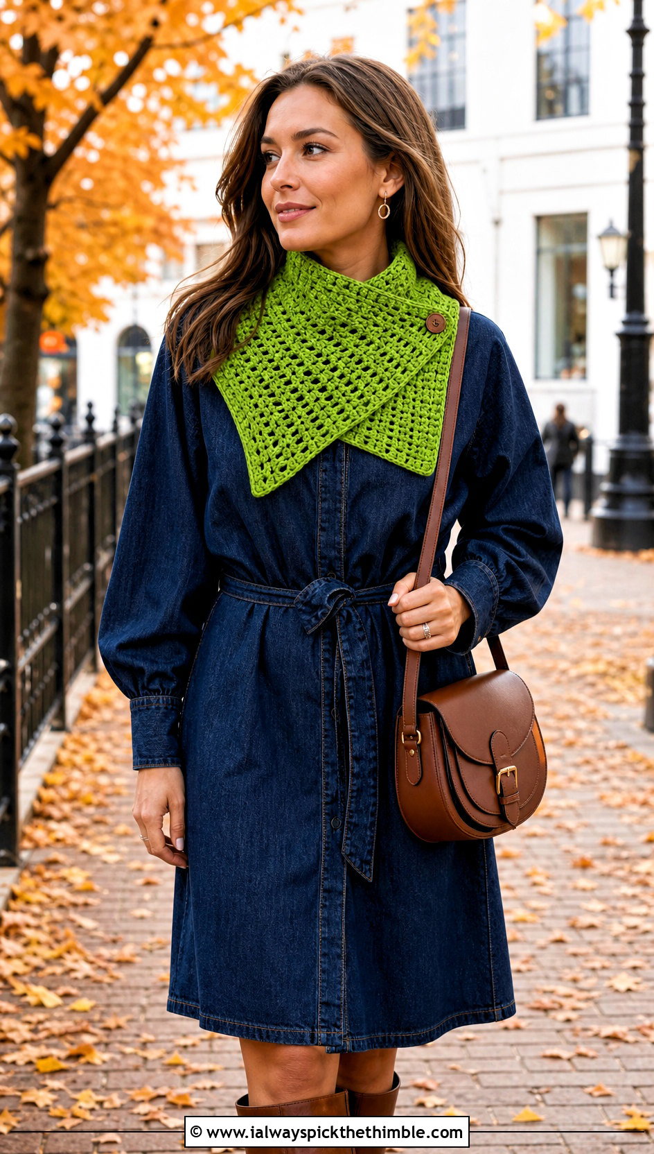 Asymmetrical Button Collar Crochet Scarf With Shirt Dress - 15 Crochet Button Hole Scarf outfit ideas