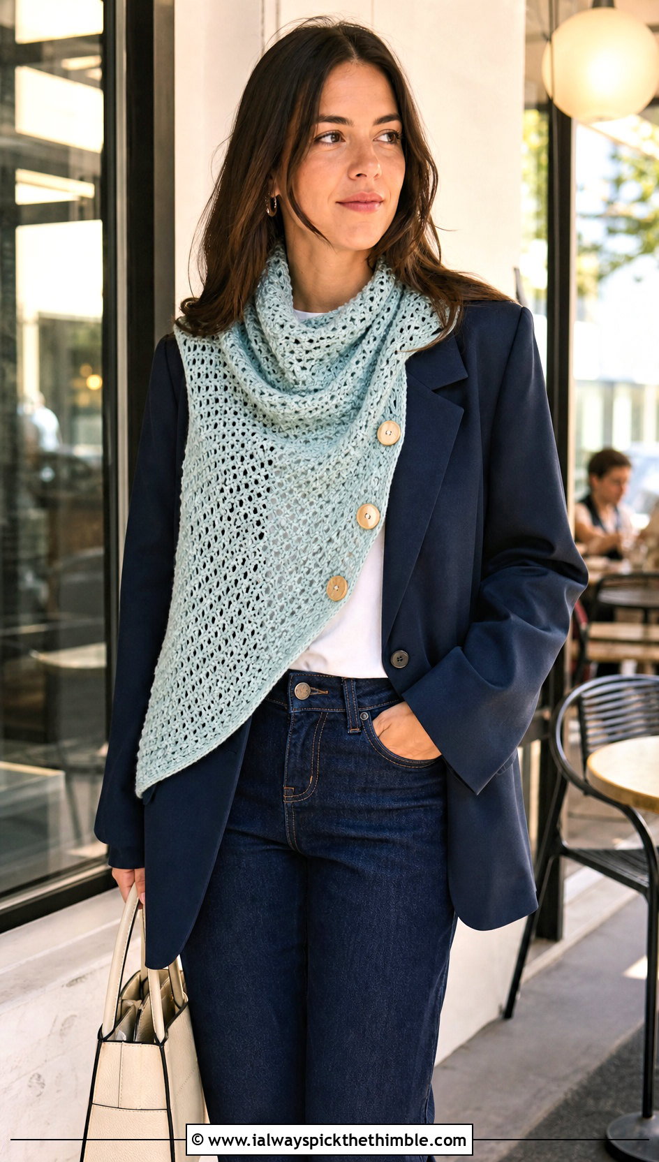 Asymmetrical Button Cowl With Blazer And Jeans - 20 crochet button cowl outfit ideas