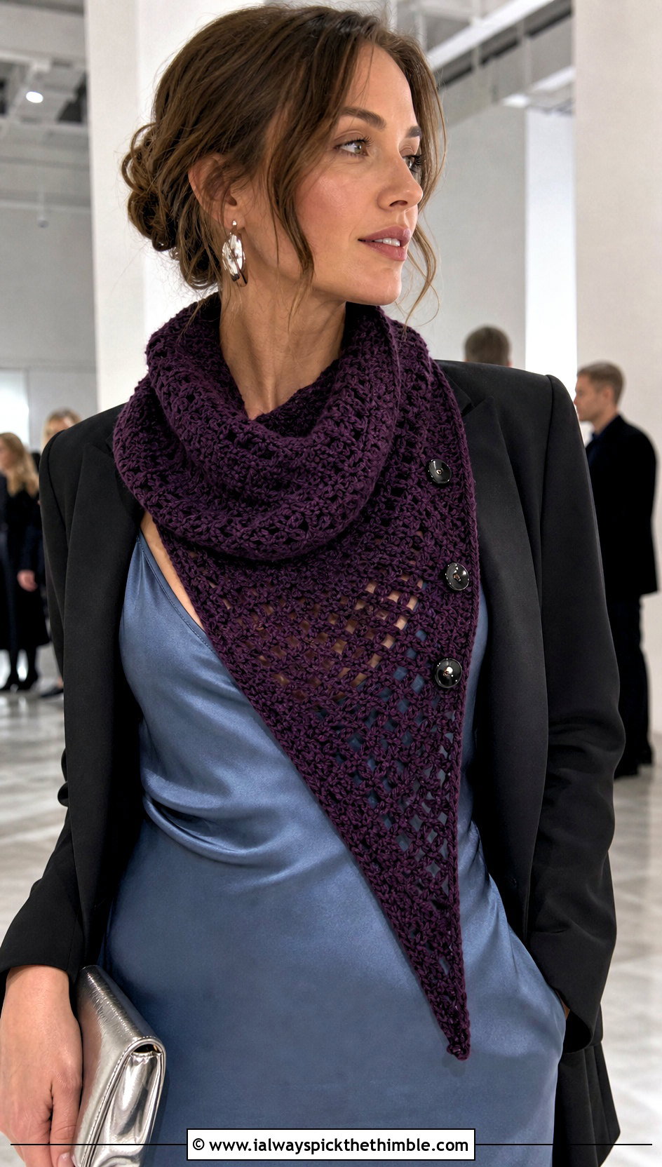 Asymmetrical Button Crochet Cowl With Slip Dress - 15 Crochet Cowl With Buttons outfit ideas