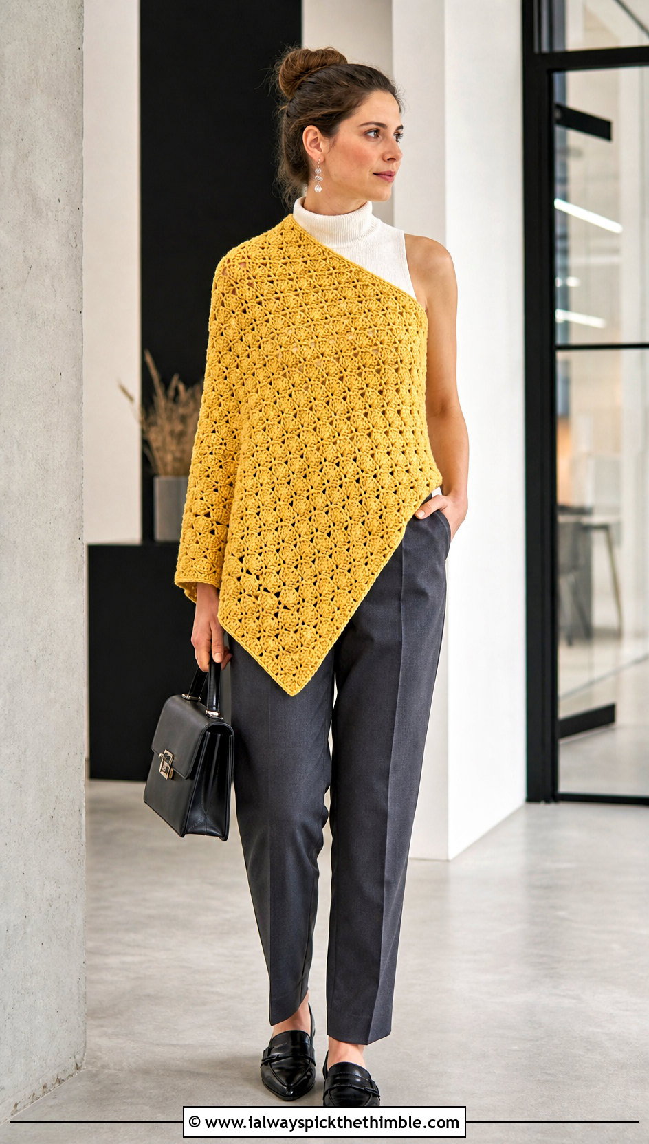 Asymmetrical C2C Poncho With Tailored Trousers - 15 Crochet C2C Poncho outfit ideas