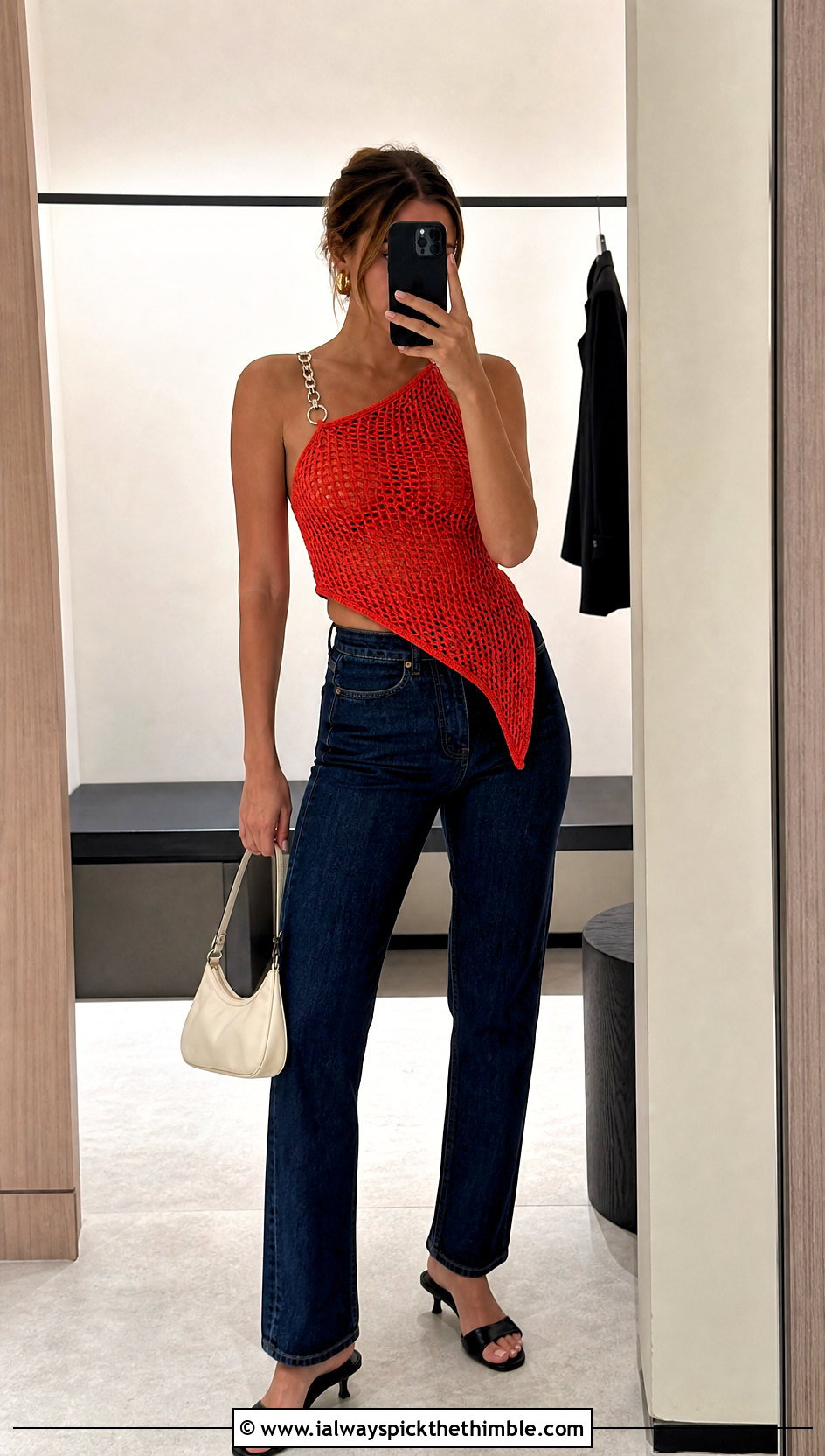 Asymmetrical Chain Crochet Top With Straight Leg Jeans - 20 crochet top with chains outfit ideas