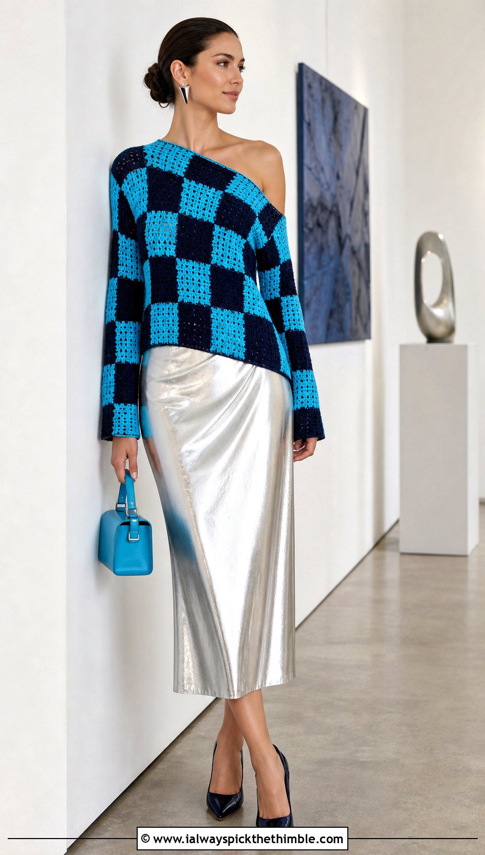 Asymmetrical Checkered Crochet Sweater With Metallic Midi Skirt - 20 checkered crochet sweater outfit ideas