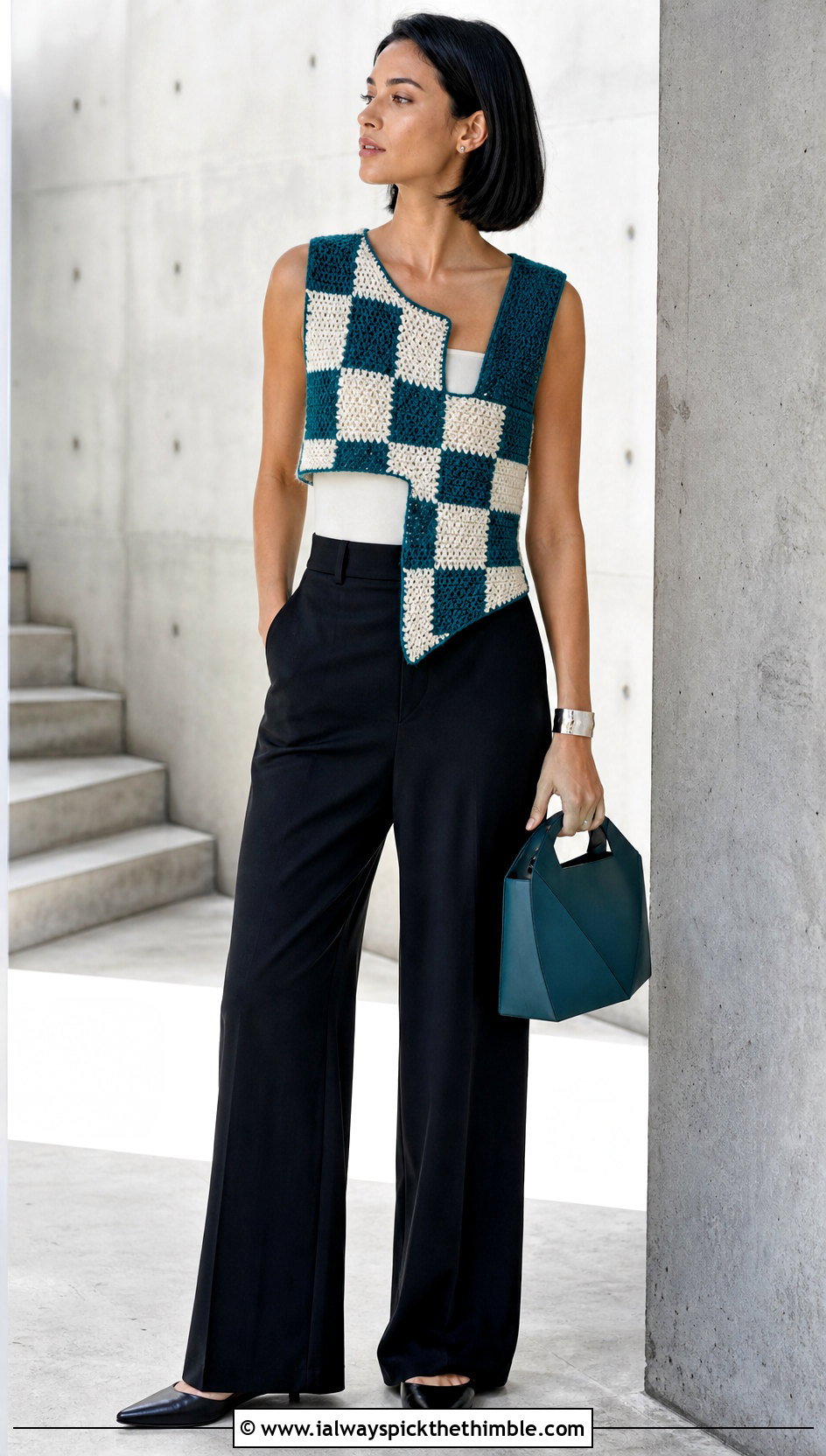 Asymmetrical Checkered Crochet Vest With Wide Leg Suit Trousers - 20 checkered crochet vest outfit ideas