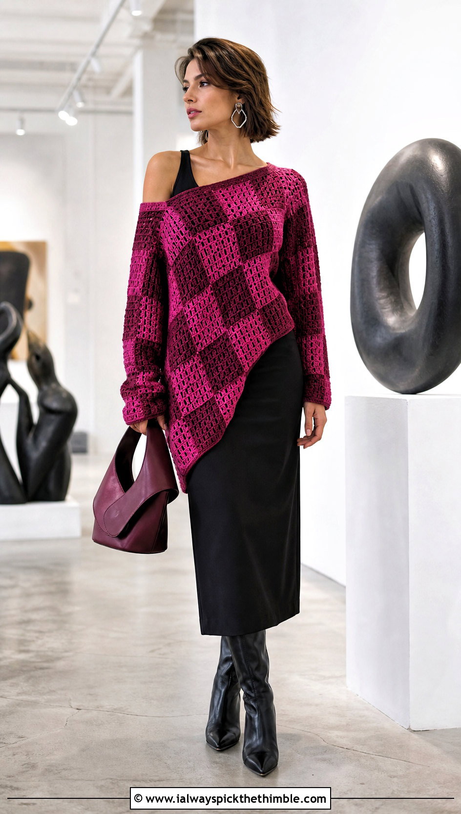 Asymmetrical Checkered Sweater With Black Midi Skirt - 20 crochet checkered sweater outfit ideas