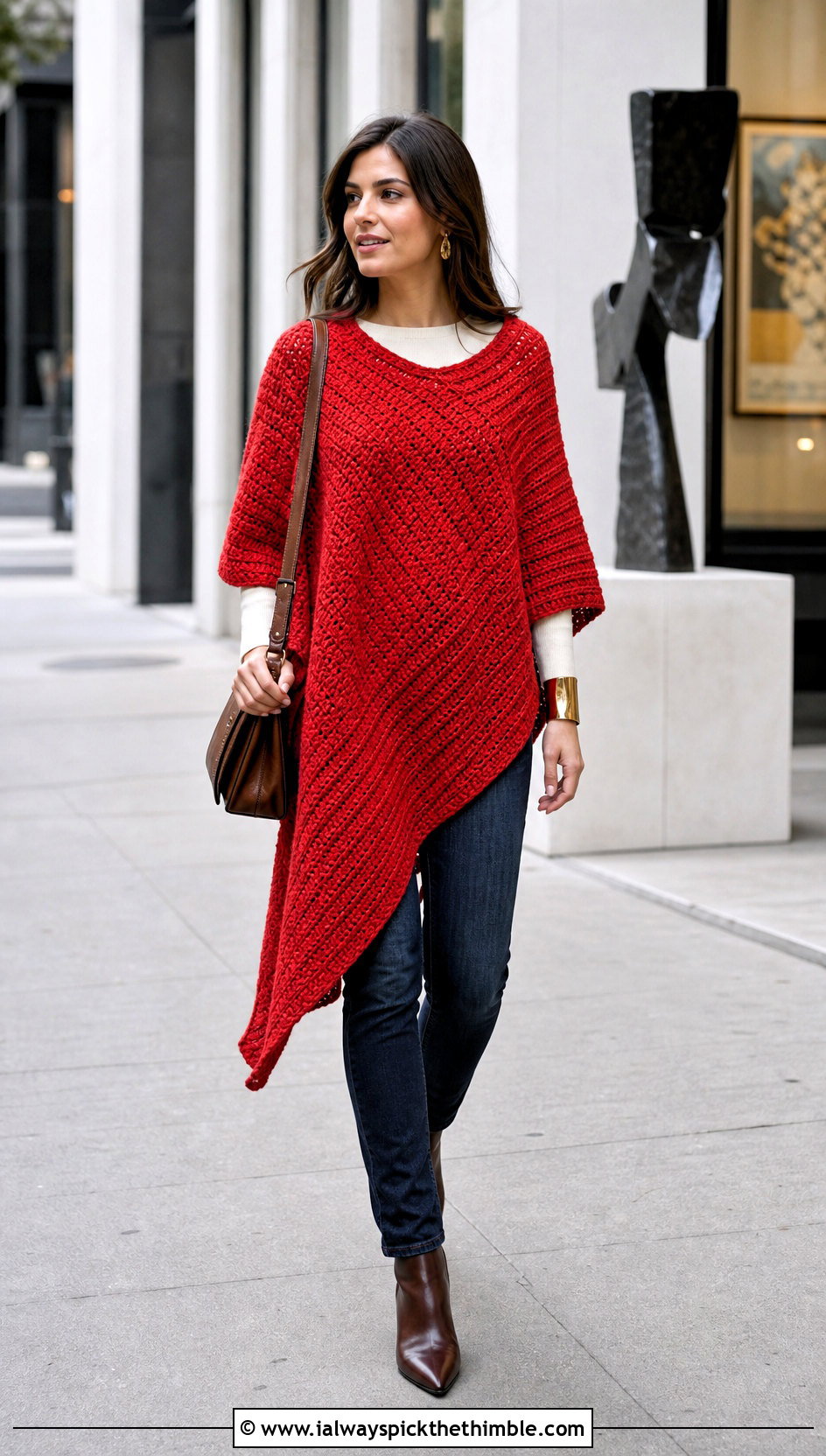Asymmetrical Circle Poncho With Slim Jeans - 20 Crochet Circle Poncho outfit ideas