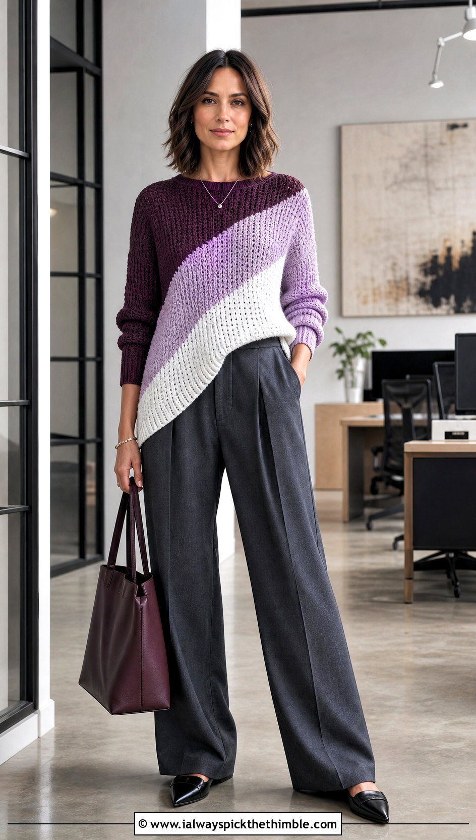 Asymmetrical Colourblock Crochet Sweater With Pleated Trousers - 15 Colourblock Crochet Sweater outfit ideas