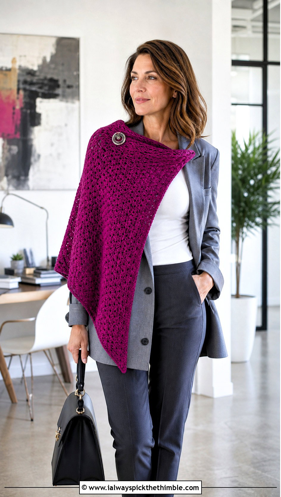 Asymmetrical Corner To Corner Crochet Shawl With Tailored Blazer - 15 Corner To Corner Crochet Shawl outfit ideas