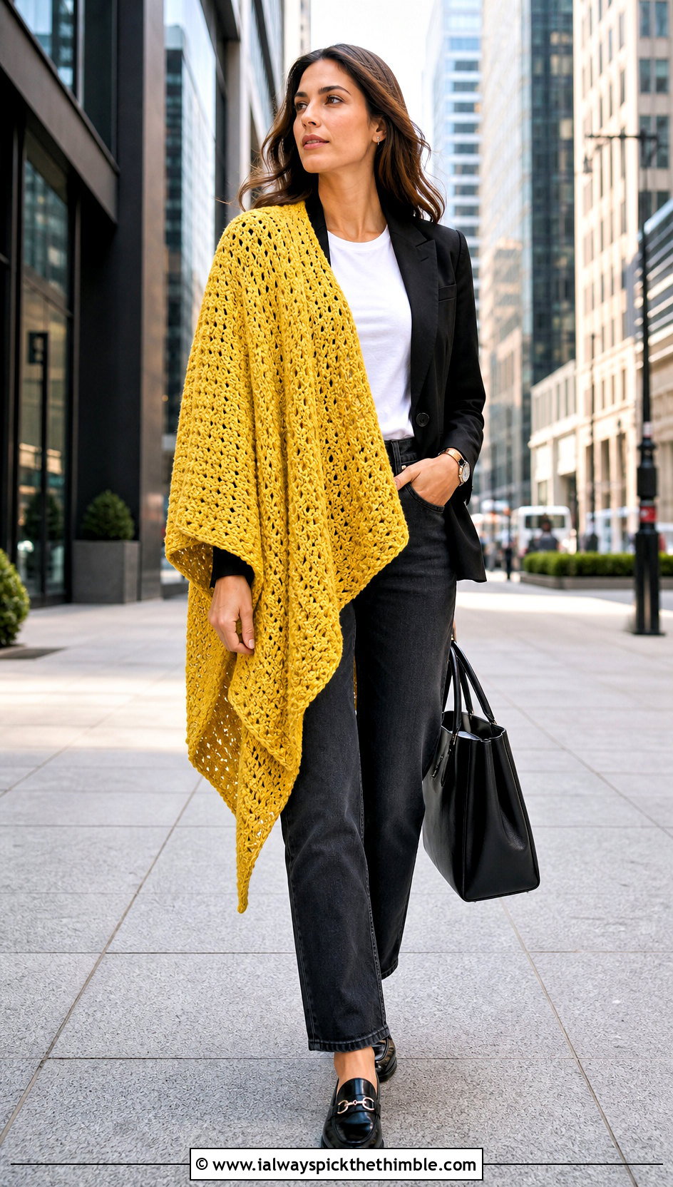 Asymmetrical Crochet Blanket Shawl With Blazer And Jeans - 15 Crochet Shawl Blanket outfit ideas
