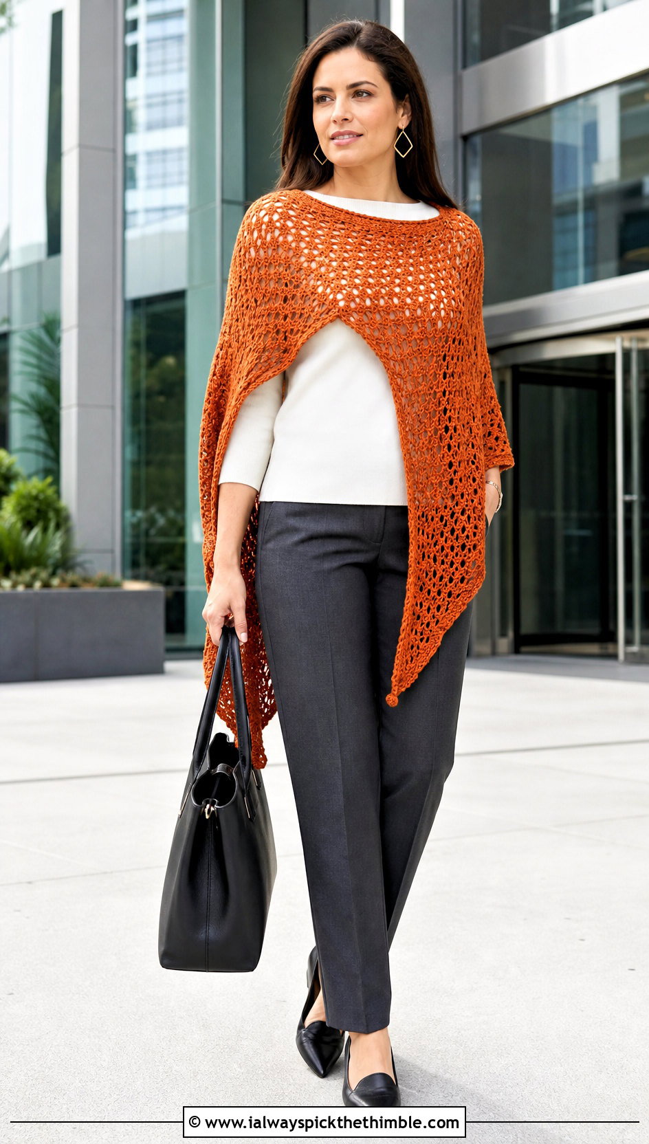 Asymmetrical Crochet Boho Poncho With Tailored Trousers - 20 crochet boho poncho outfit ideas