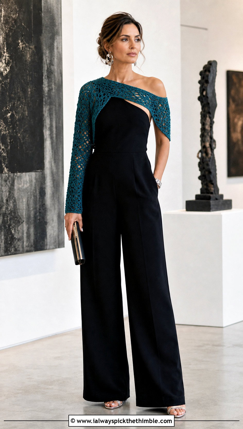 Asymmetrical Crochet Bolero With One Shoulder Jumpsuit - 25 crochet bolero outfit ideas