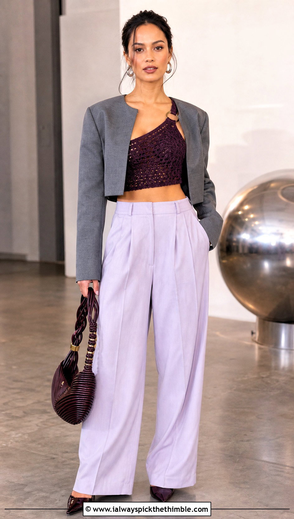 Asymmetrical Crochet Bra Top With Pleated Trousers - 25 crochet bra top outfit ideas