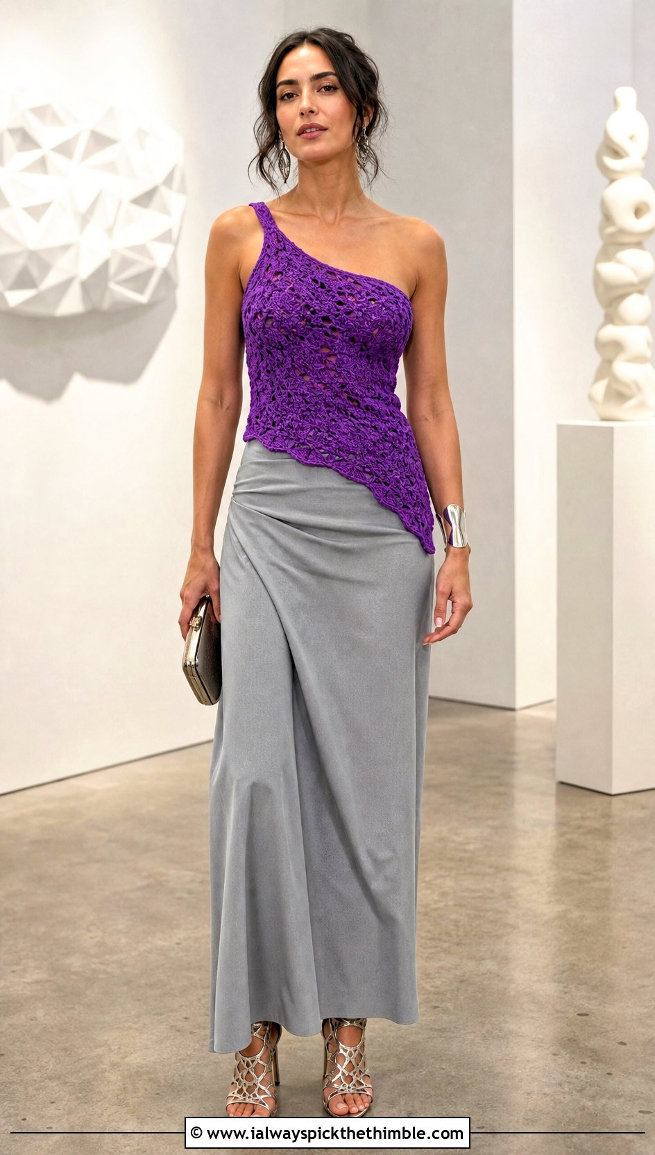 Asymmetrical Crochet Camisole With Tailored Maxi Skirt - 25 crochet camisole outfit ideas
