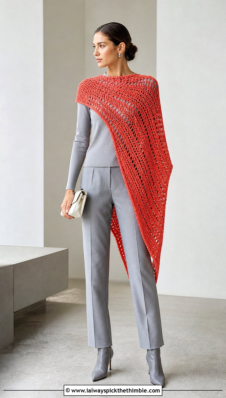 Asymmetrical Crochet Cape With Monochrome Trousers - 25 crochet cape outfit ideas