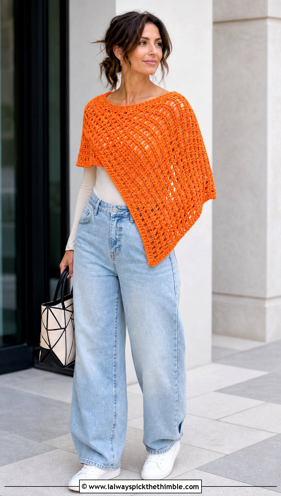 Asymmetrical Crochet Caplet Shawl With Barrel Jeans - 20 crochet caplet shawl outfit ideas