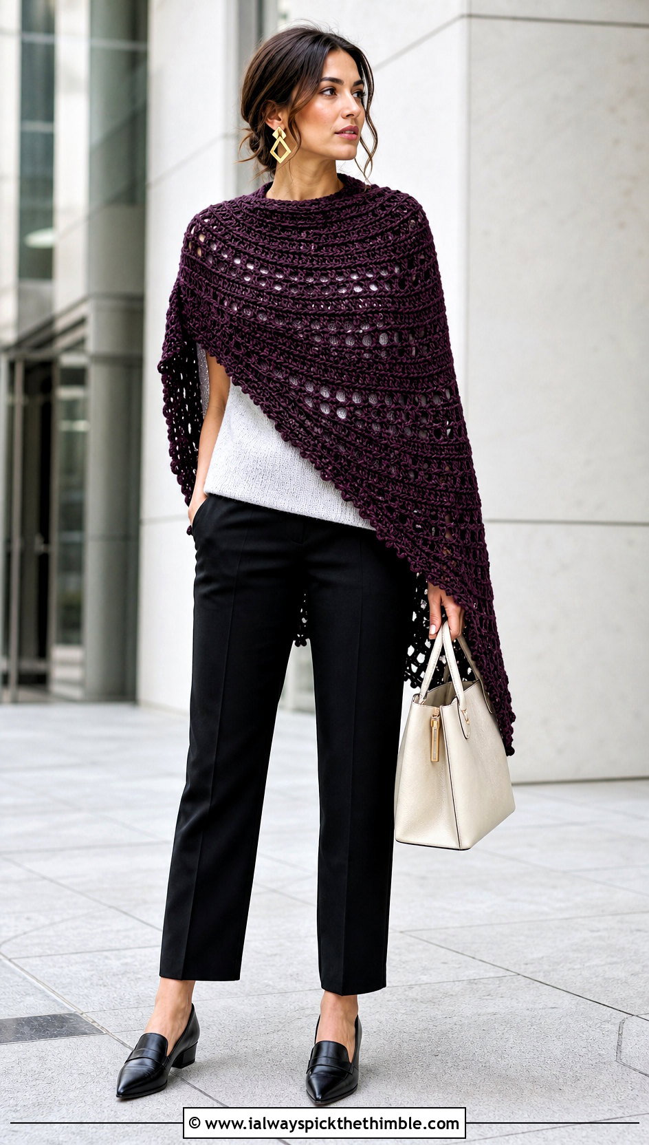 Asymmetrical Crochet Circular Poncho With Tailored Pants - 20 Crochet Circular Poncho outfit ideas
