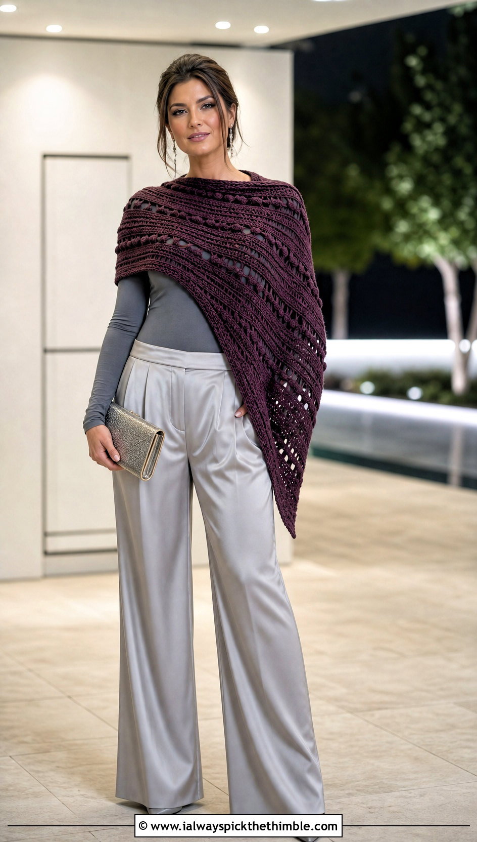 Asymmetrical Crochet Clint Eastwood Poncho With Satin Pants - 15 Crochet Clint Eastwood Poncho outfit ideas