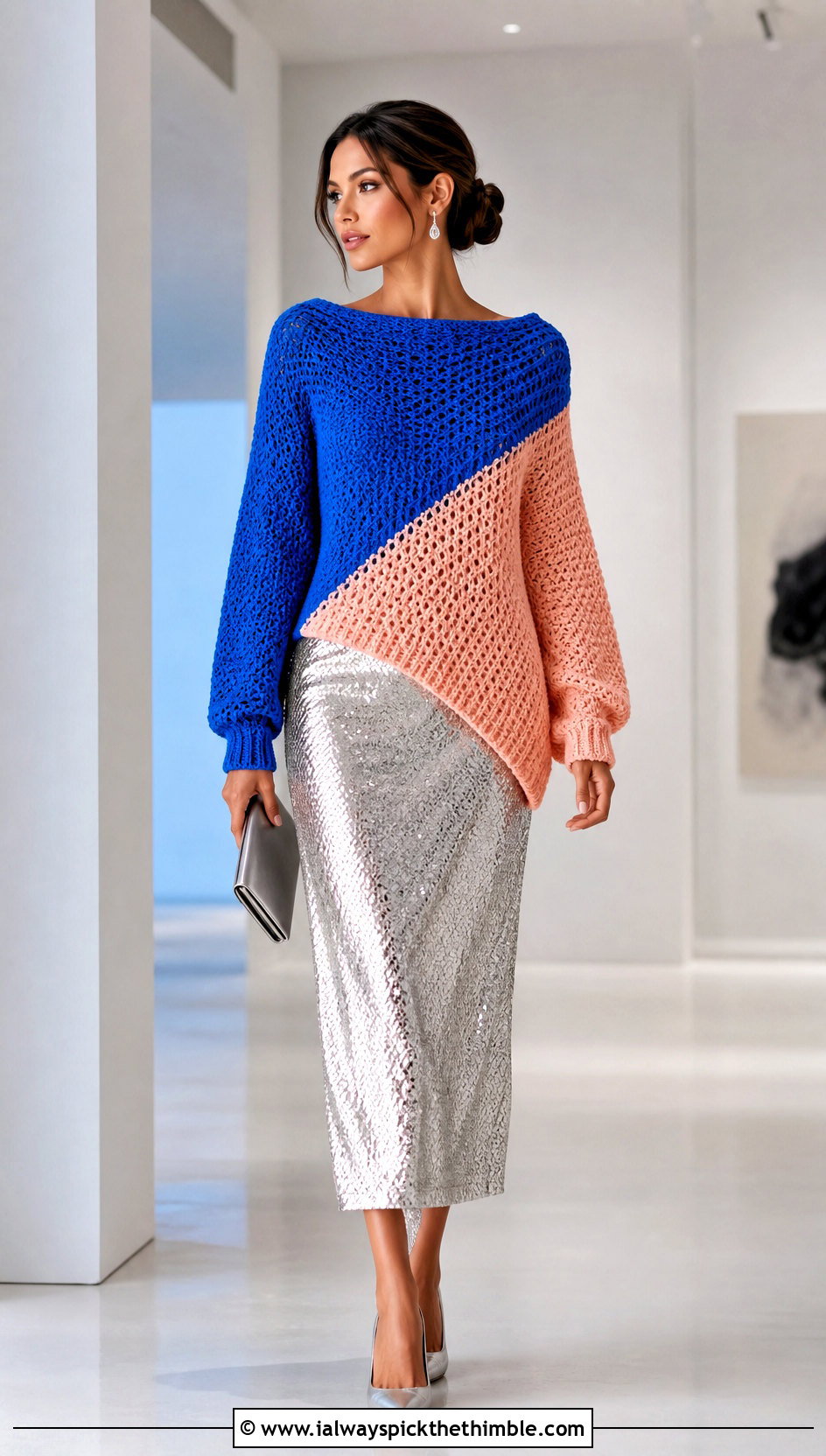 Asymmetrical Crochet Colorblock Sweater With Sequin Midi Skirt - 20 crochet colorblock sweater outfit ideas