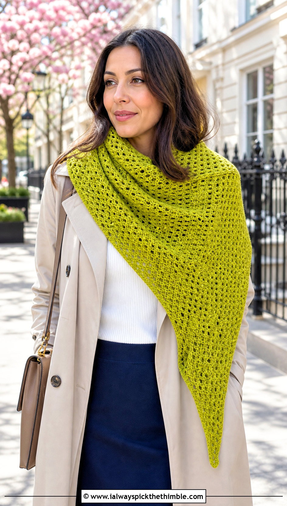 Asymmetrical Crochet Cowl Shawl With Trench Coat - 20 crochet cowl shawl outfit ideas