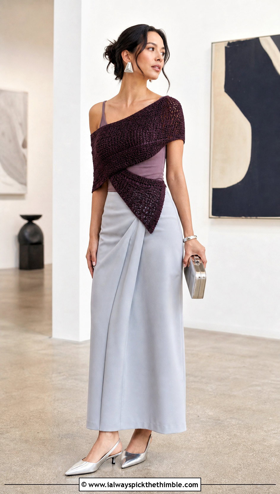 Asymmetrical Crochet Cross Over Top With Tailored Maxi Skirt - 20 crochet cross over top outfit ideas