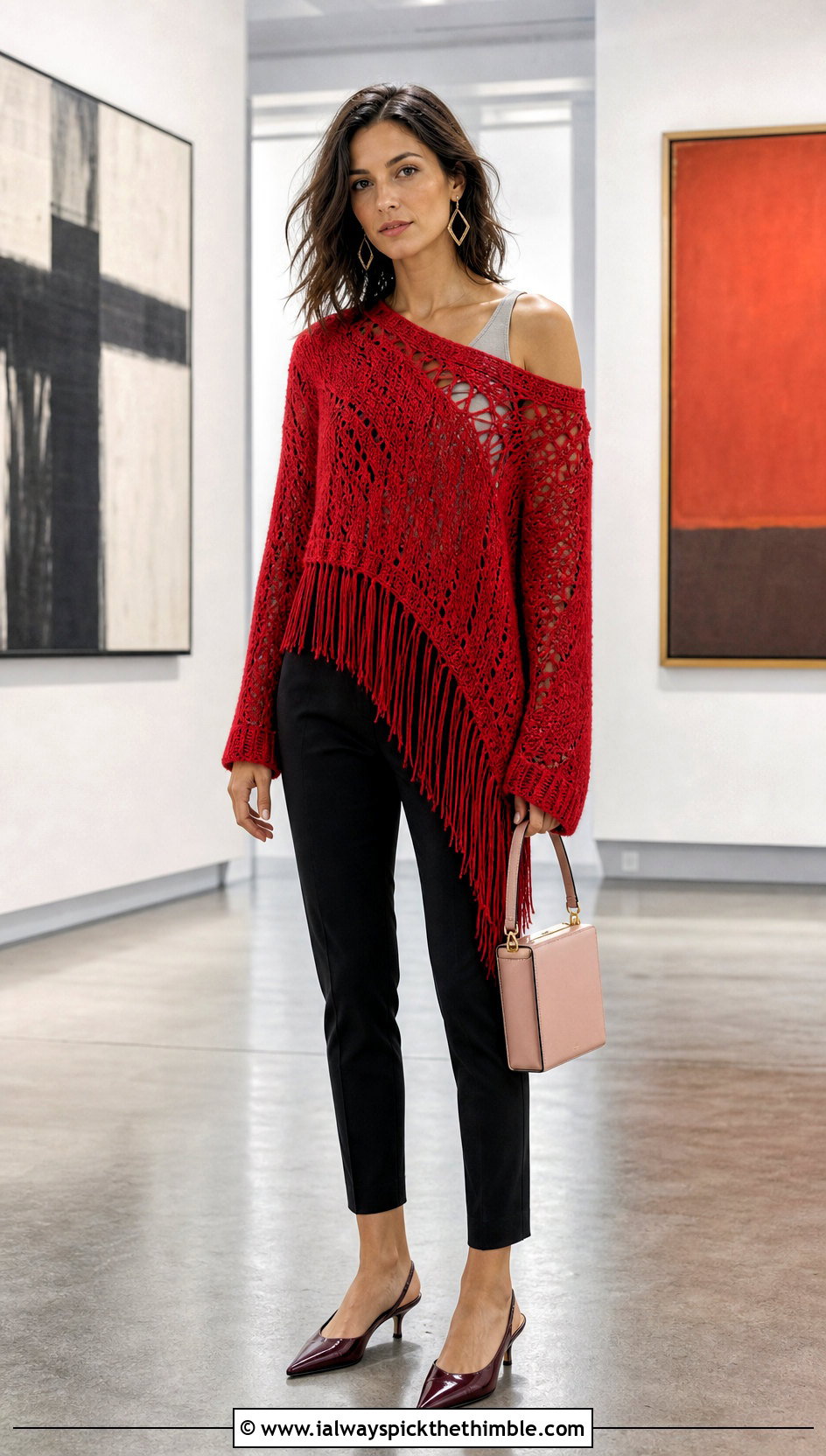 Asymmetrical Crochet Fringe Sweater With Cigarette Pants - 20 Crochet Fringe Sweater outfit ideas