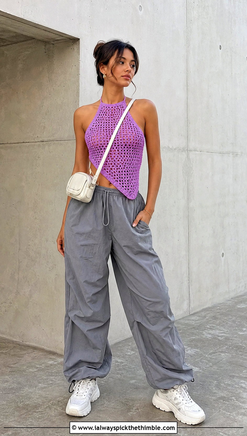 Asymmetrical Crochet Halter Top With Parachute Pants - 20 Simple Crochet Halter Top outfit ideas